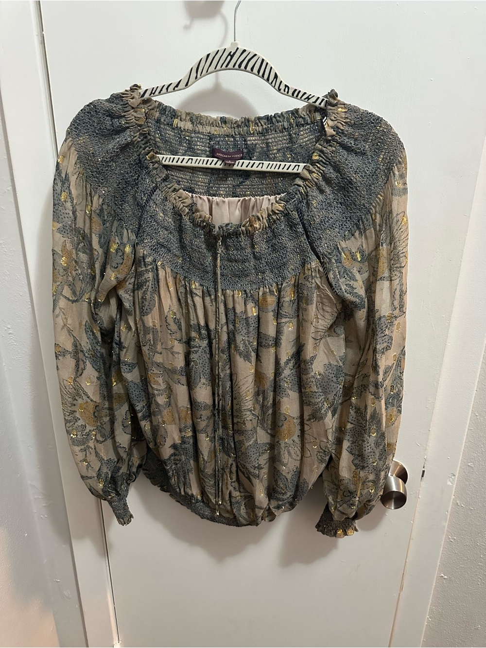 Marchesa Beige Floral Smocked Blouse with Gray and Gold Details